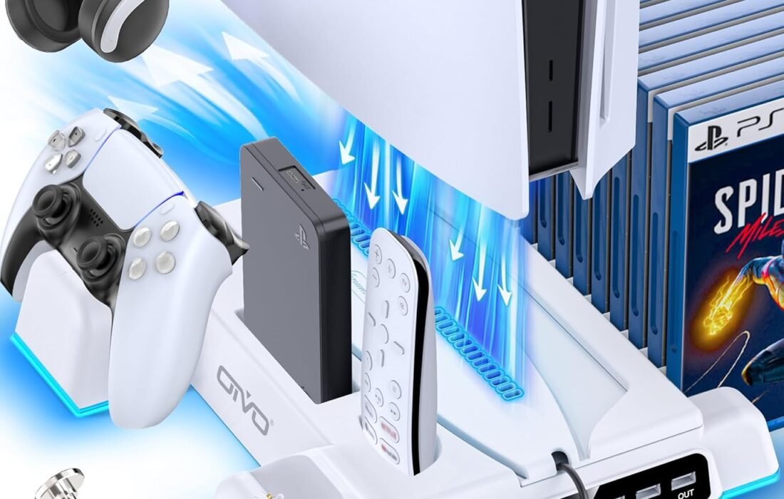 OIVO PS5 Stand for PS5/ Pro/ Slim, 3 Speed PS Cooling Fan, Play 5 Controller Charger with RGB Indicator, PS Five Stand with 3 USB Ports and 14 Game Slots