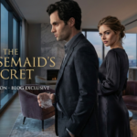 Promotional concept art for The Housemaid's Secret movie featuring Penn Badgley and Samara Weaving in a luxury New York City penthouse overlooking the Empire State Building at dusk.