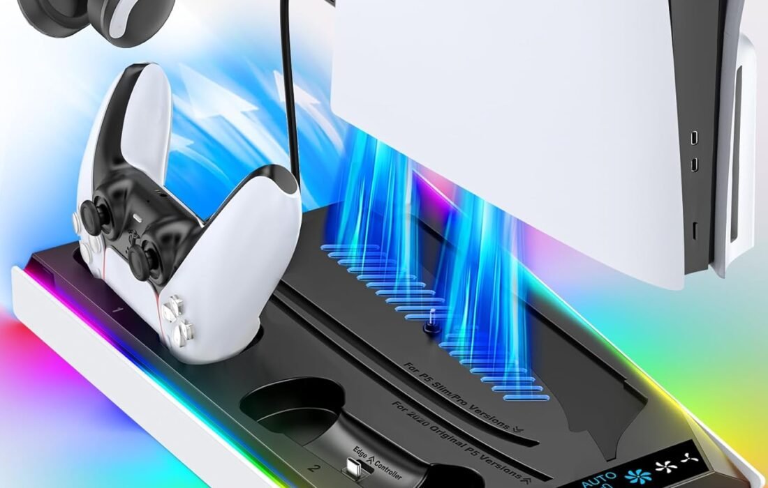 PS5/ PS5 Slim/ PS5 Pro Disc & Digital Cooling Station with 3 Levels Auto Fan, PS5 Controller Charger for PS5 and Edge Controller, PS5/Slim/Pro Accessories
